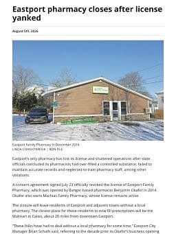 Eastport pharmacy closes after license yanked