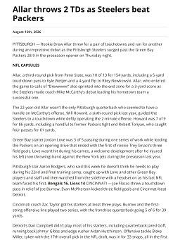 Allar throws 2 TDs as Steelers beat Packers