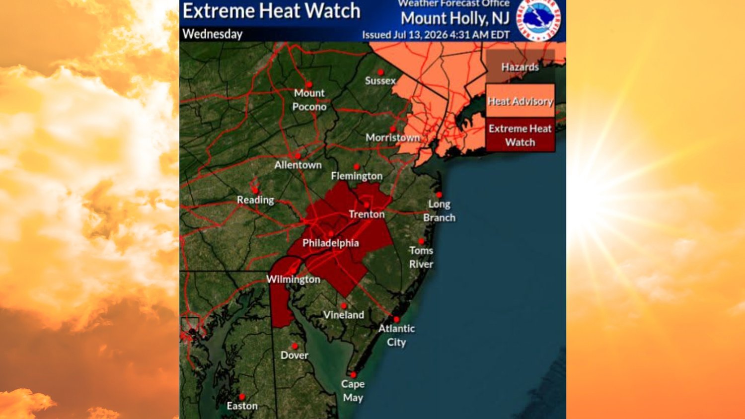 N.J. weather: Extreme heat watch, advisories issued for 9 counties with highs near 100 in forecast