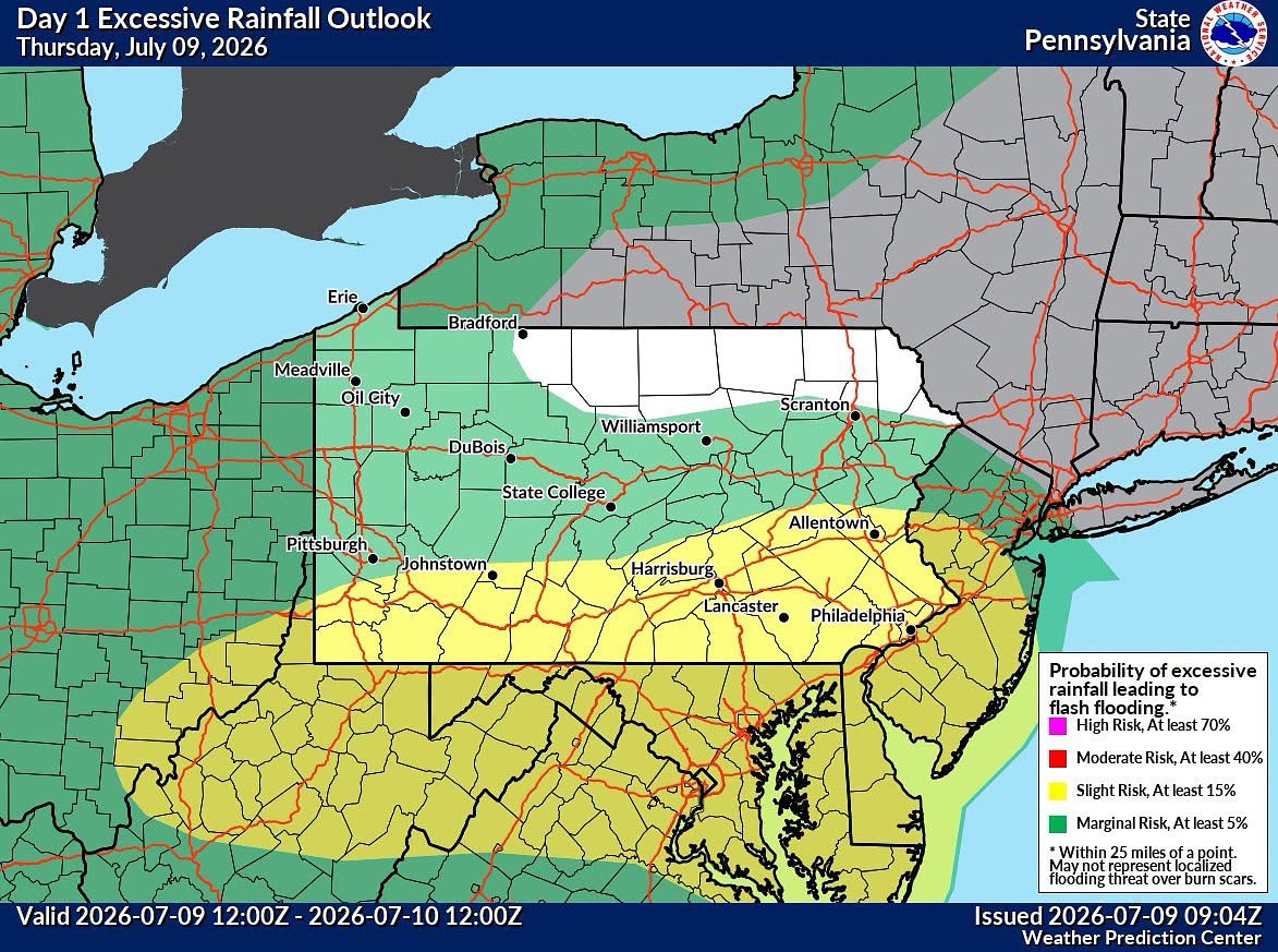 Dangerous flash flood warning issued for central Pa. Thursday afternoon