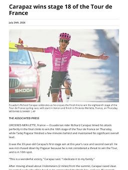 Carapaz wins stage 18 of the Tour de France