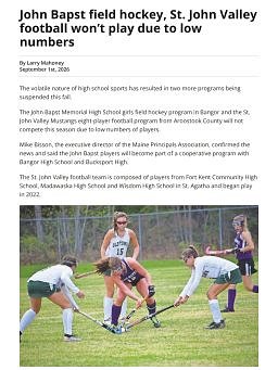 John Bapst field hockey, St. John Valley football won’t play due to low numbers