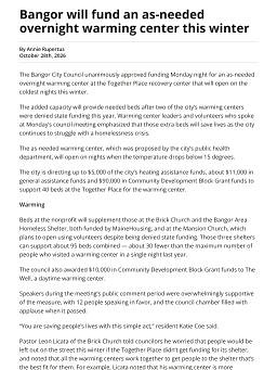 Bangor will fund an as-needed overnight warming center this winter