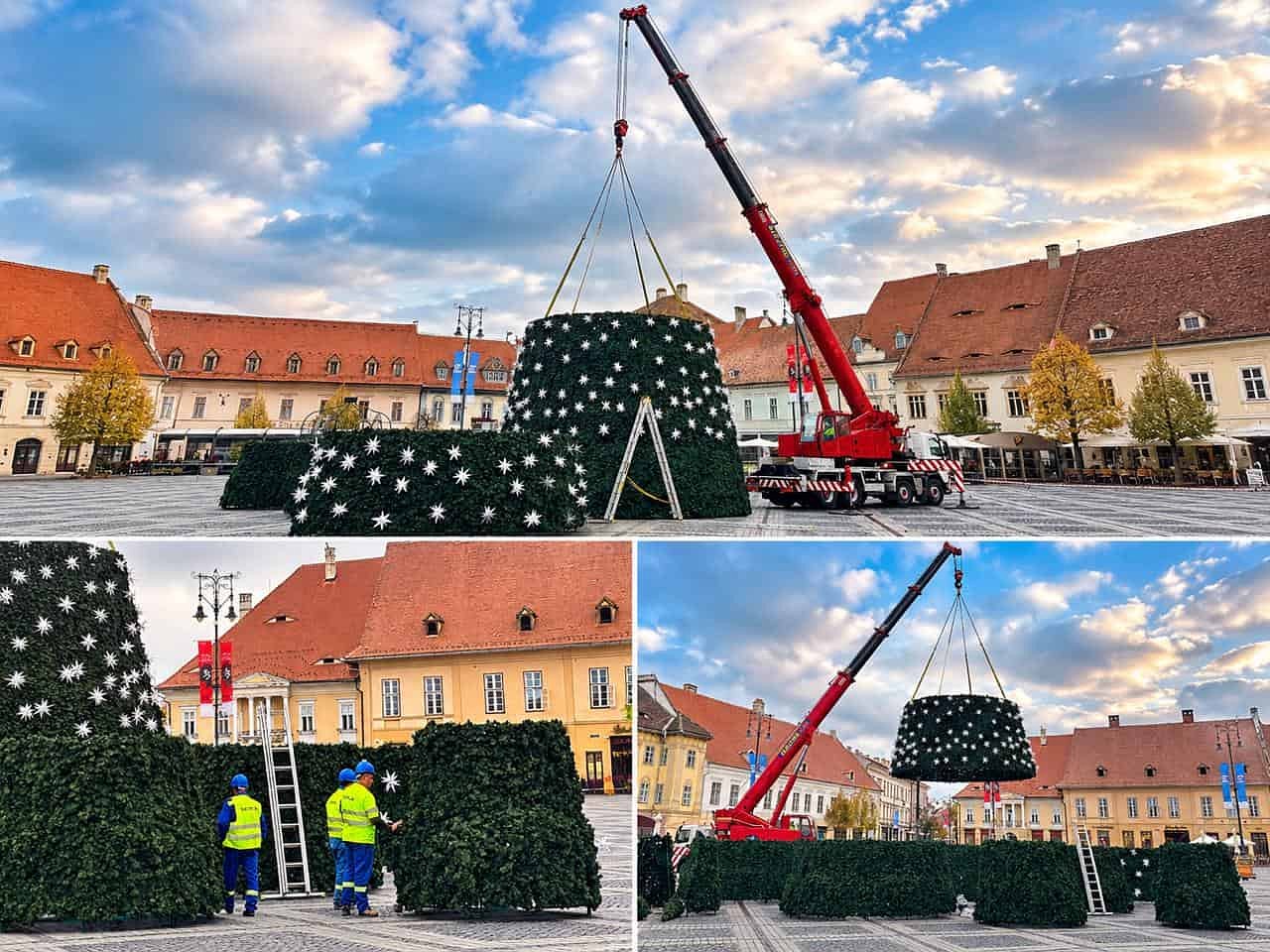 A început montarea Bradului de Crăciun la Sibiu: a fost mutat în centrul Pieței Mari/ video foto