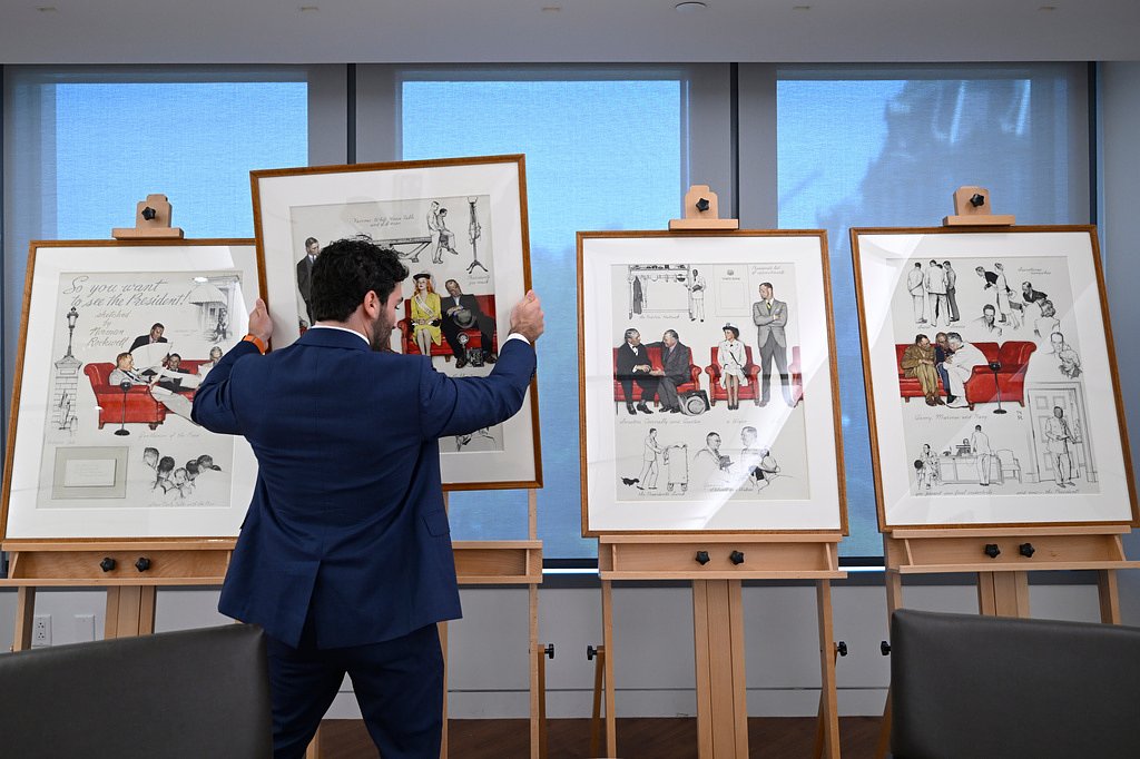 Norman Rockwell people-watched in the West Wing lobby. Now those sketches are on public display
