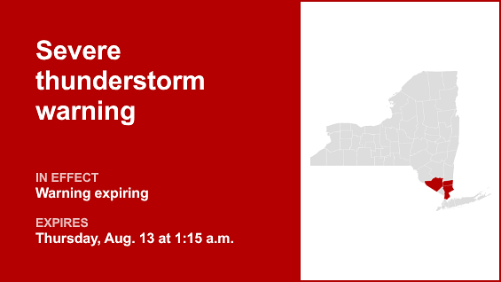 Update: The current severe thunderstorm warning for Hudson Valley will be expiring at 1:15 a.m.