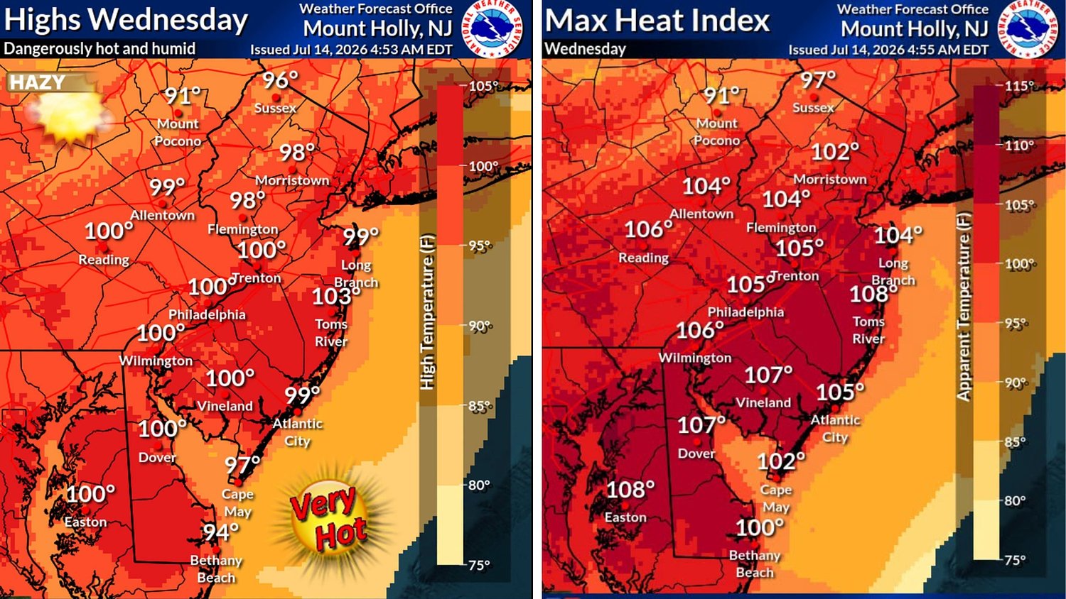 N.J. weather: Dangerous heat, humidity to make it feel like 100+ degrees Wednesday. Warnings issued.