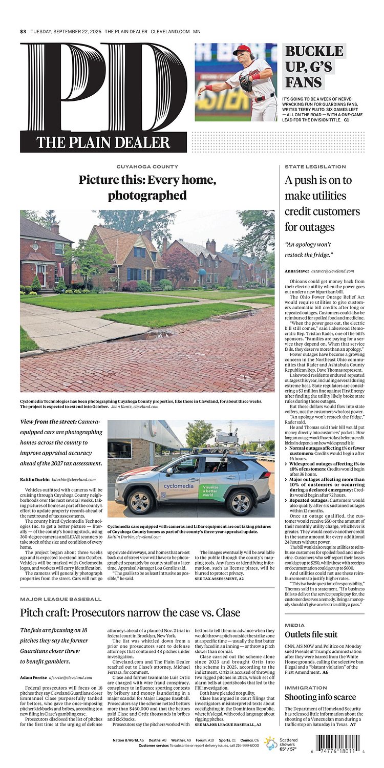 The Plain Dealer’s front page for September 22, 2026