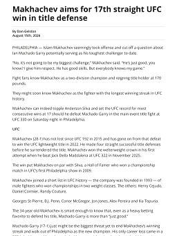 Makhachev aims for 17th straight UFC win in title defense