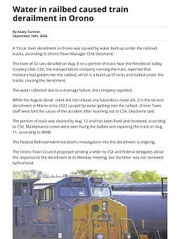 Water in railbed caused train derailment in Orono