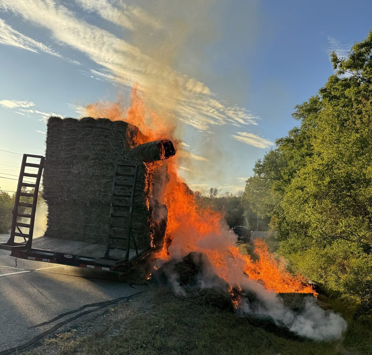 No one injured after 150 hay bales catch fire on trailer in Ashfield
