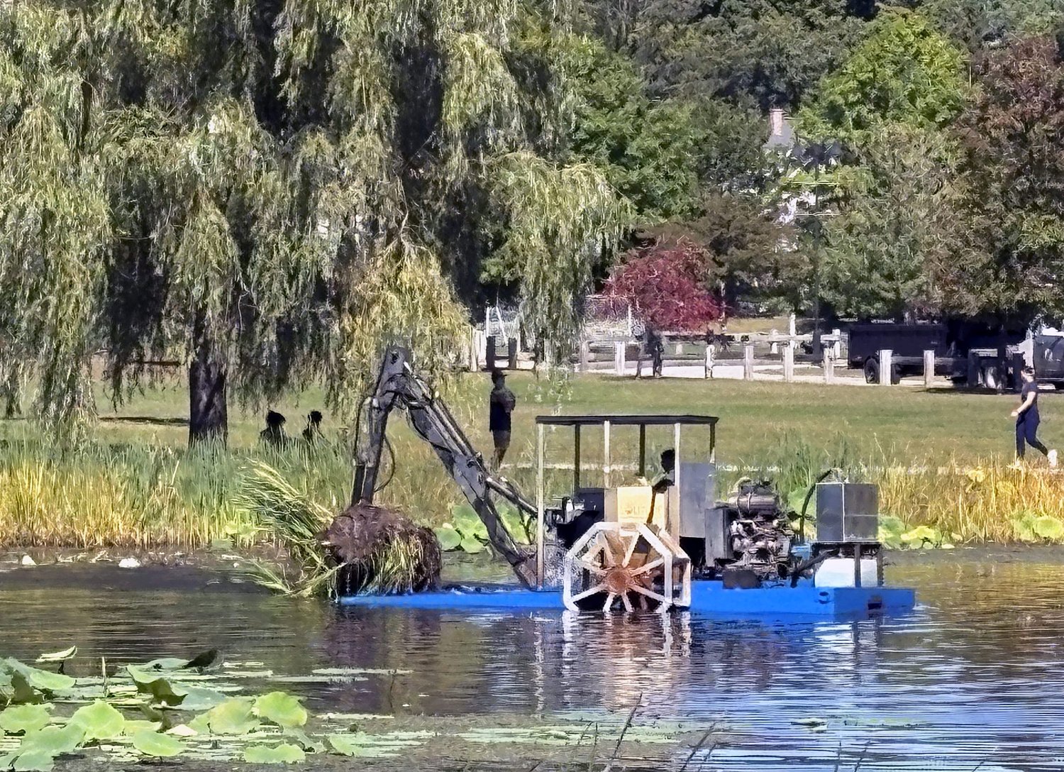 Paddlewheel-powered floating rake is latest tool against White Park pond weeds