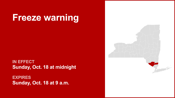 Orange and Putnam counties placed under a freeze warning Sunday — temperatures dipping to 30