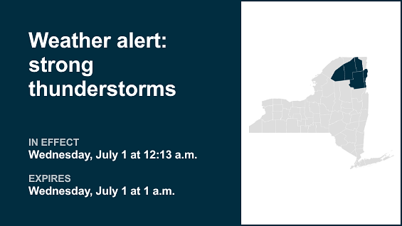 Update: Weather alert for strong thunderstorms in North Country until 1 a.m. Wednesday — gusts may reach 40 mph