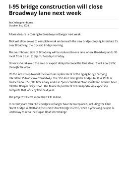 I-95 bridge construction will close Broadway lane next week