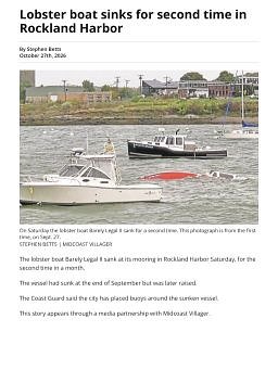 Lobster boat sinks for second time in Rockland Harbor