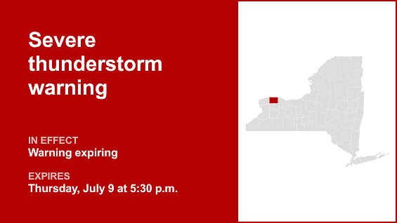 Update: The current severe thunderstorm warning for Orleans County will expire at 5:30 p.m.