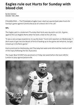 Eagles rule out Hurts for Sunday with blood clot