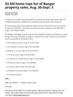 $3.5M home tops list of Bangor property sales, Aug. 30-Sept. 5