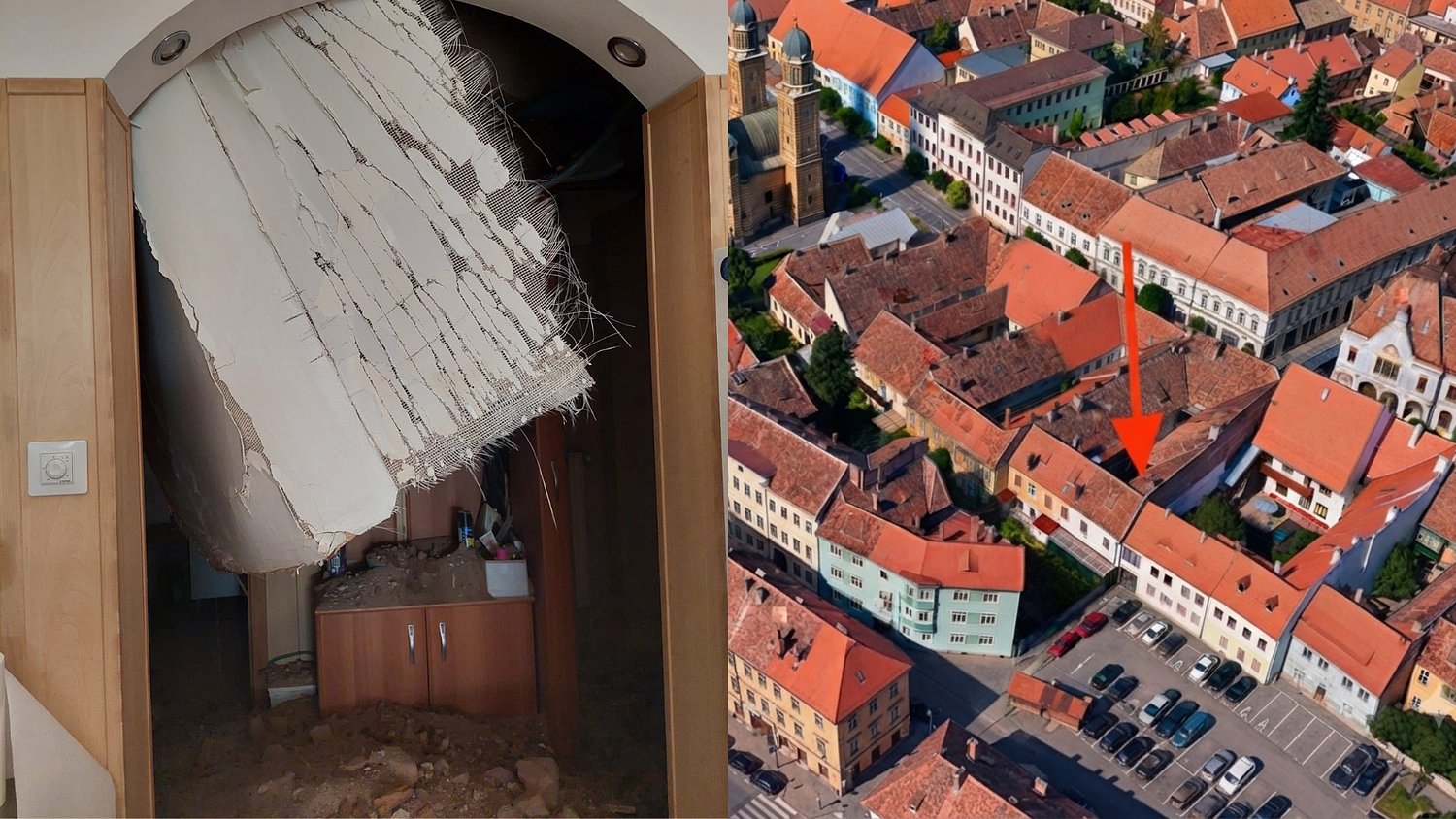 Panică în centrul Sibiului după ce tavanul unui apartament s-a prăbușit: o femeie acuză vecinul că a inundat-o ani la rând / video foto