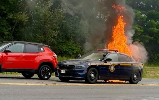 N.Y. state troopers injured after motorist crashes into police car, causing it to catch fire