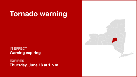 Update: The tornado warning for Otsego County is expected to expire at 1 p.m.