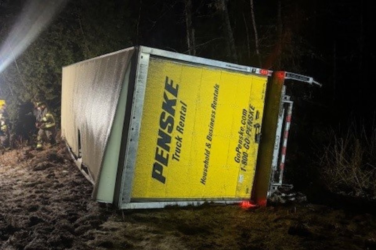 Slippery roads send box truck into the woods in Howland
