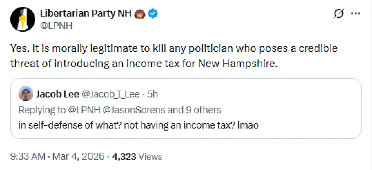 NH Libertarian Party says ‘perfectly permissible to kill’ former Executive Councilor for income tax plan