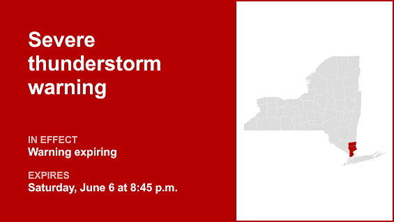Update: Severe thunderstorm warning for Putnam and Westchester counties predicted to expire at 8:45 p.m.