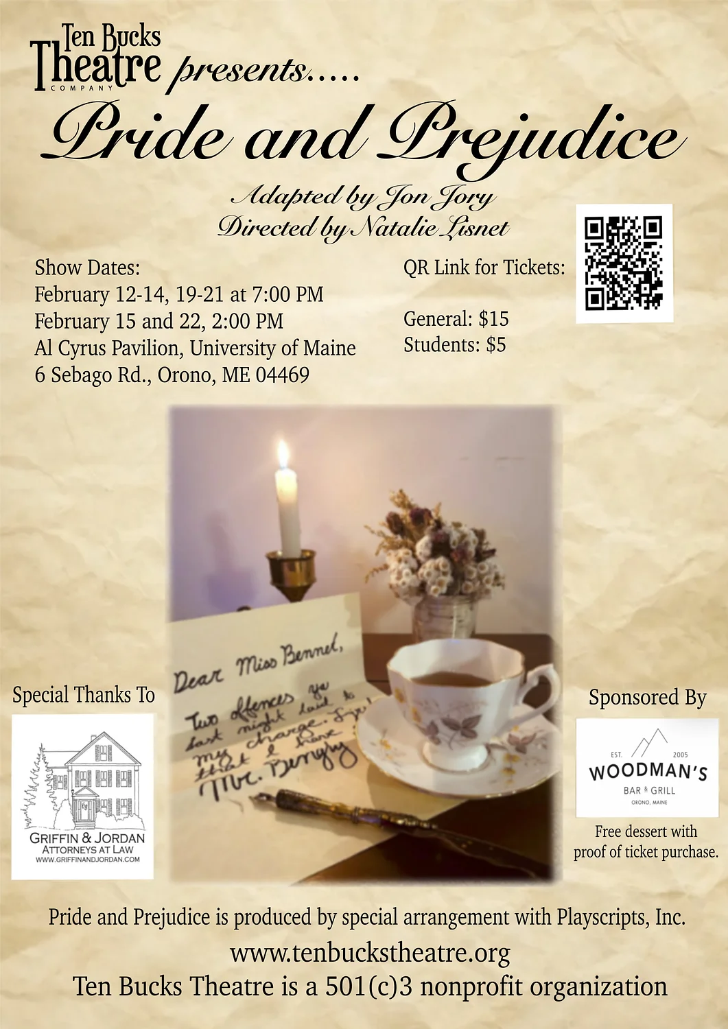 Ten Bucks Theatre Company brings Jane Austen’s classic ‘Pride and Prejudice’ to the University of Maine’s Cyrus Pavilion Theatre