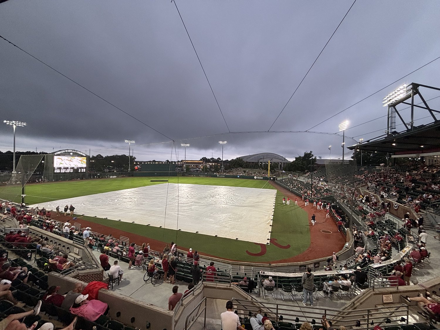 Alabama-St. John’s super Regional game postponed to Monday with Tide 6 outs from Omaha