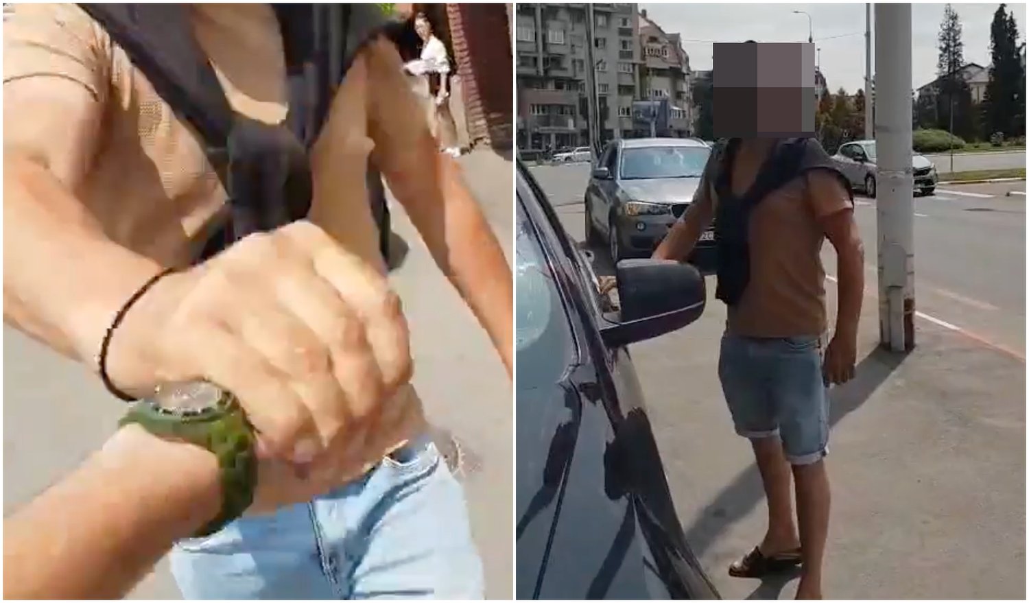 Șofer care mergea cu mașina pe trotuar, agresiv cu un pieton la Sibiu. L-a înjurat și scuipat / video UPDATE